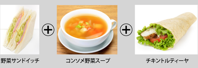 野菜サンドイッチ＋コンソメ野菜スープ＋チキントルティーヤ